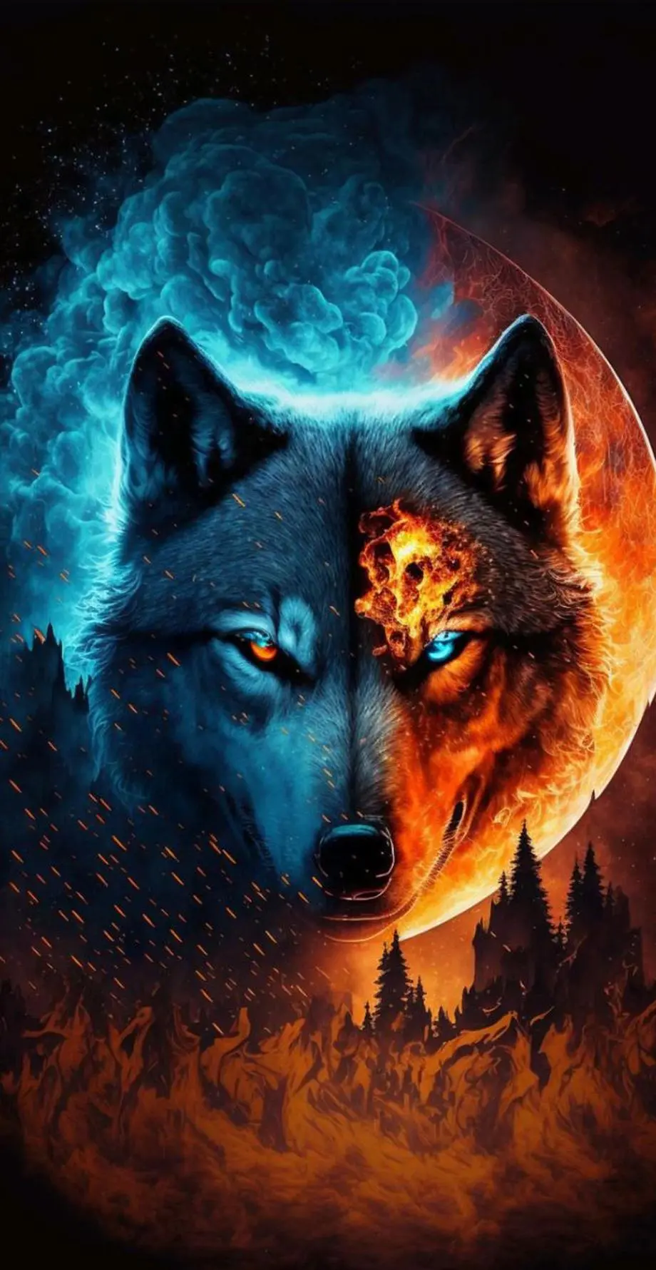 Wolf Fire  and Ice Amazing Amazing Wallpaper idea Digital, iphone background, i Phone 14 wallpaper background, iPhone 15 Plus wallpaper background, Samsung Galaxy wallpaper background, Galaxy s 22 wallpaper background, HUAWEI wallpaper background, for desktop, for PC, for computer